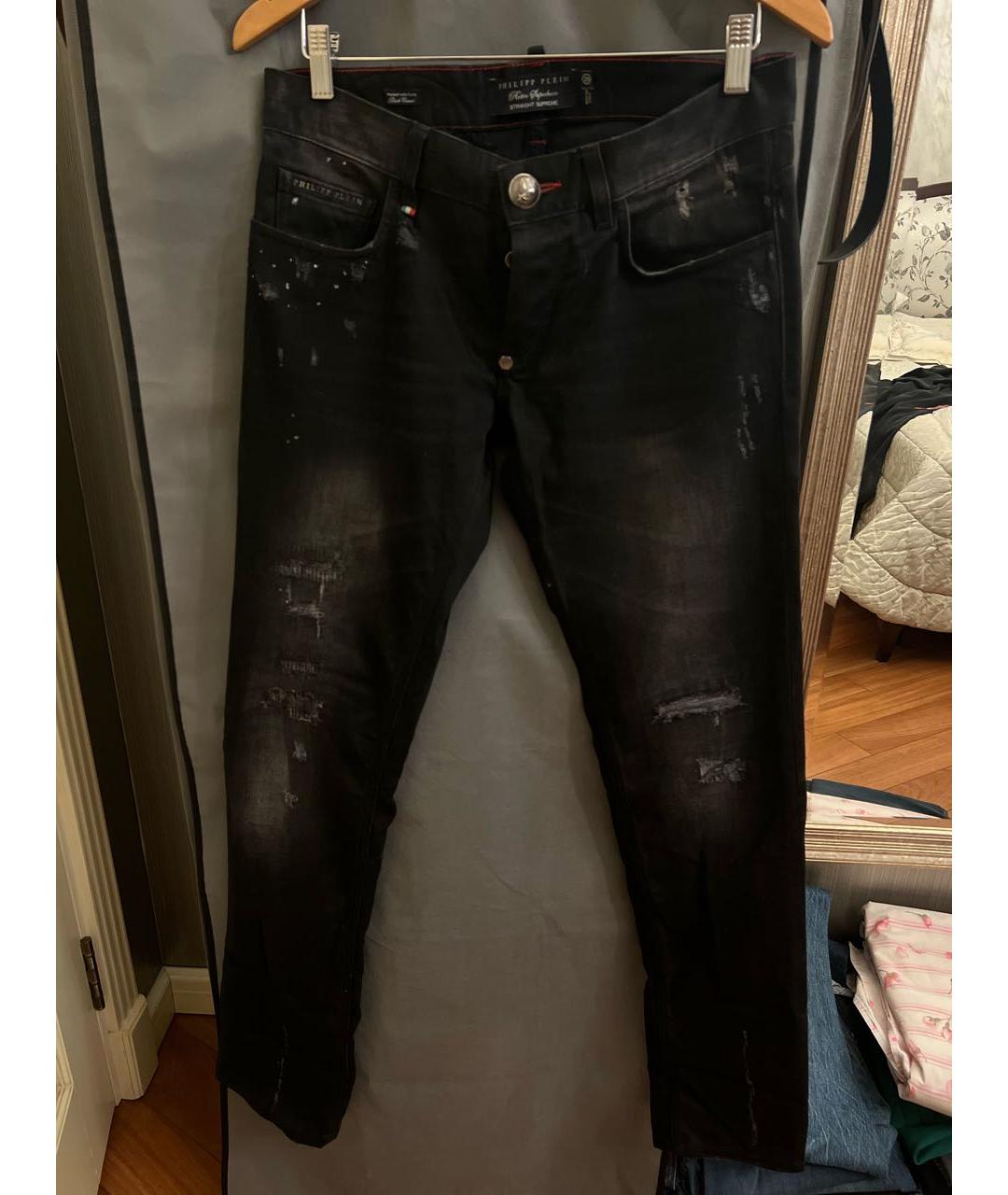 PHILIPP PLEIN Черные хлопко-эластановые прямые джинсы, фото 9