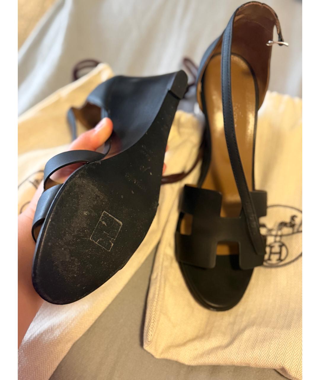 HERMES Черные кожаные босоножки, фото 8