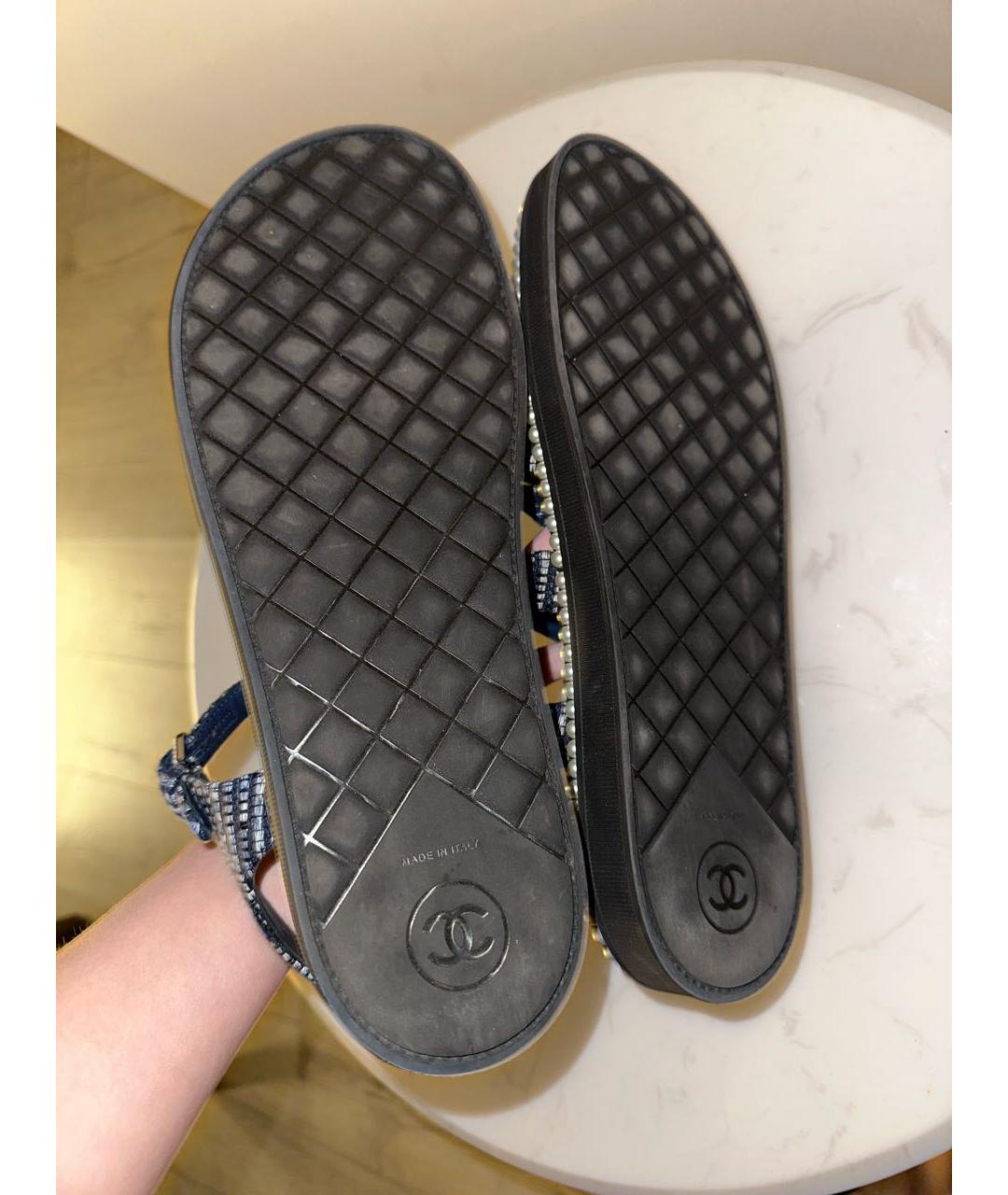 CHANEL Темно-синие кожаные босоножки, фото 5