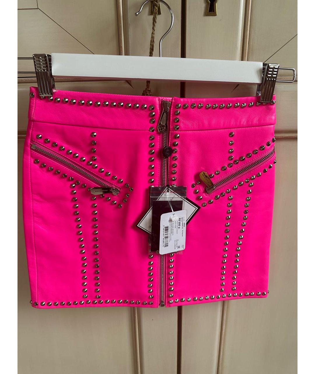 PHILIPP PLEIN Фуксия кожаная юбка, фото 5
