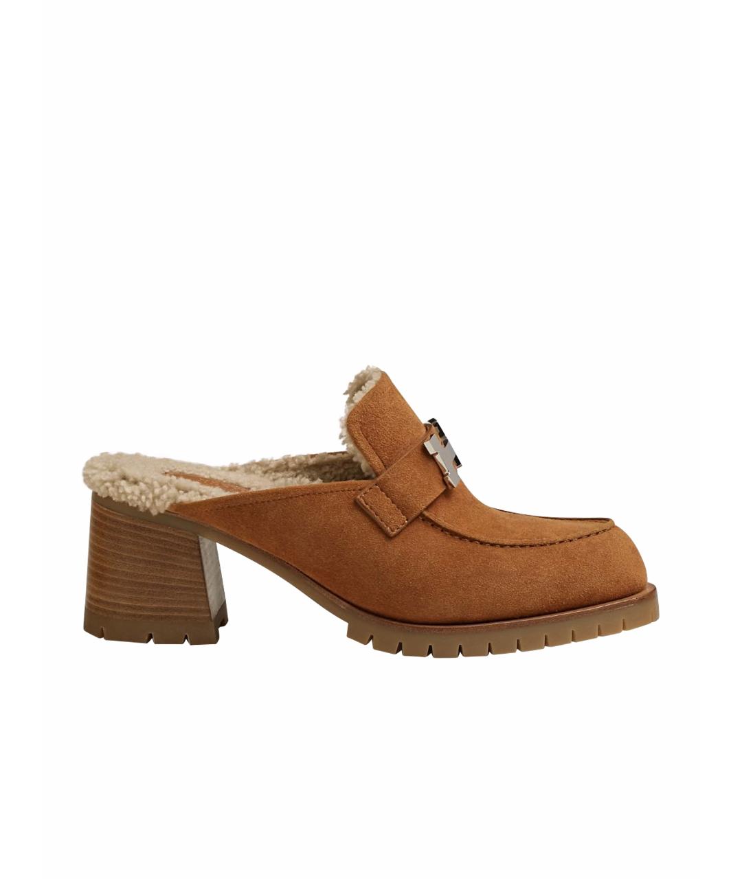 HERMES Коричневые замшевые мюли, фото 1