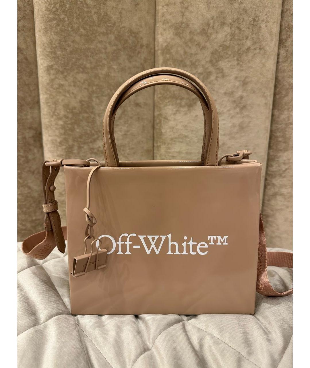 OFF-WHITE Бежевая сумка с короткими ручками из лакированной кожи, фото 9