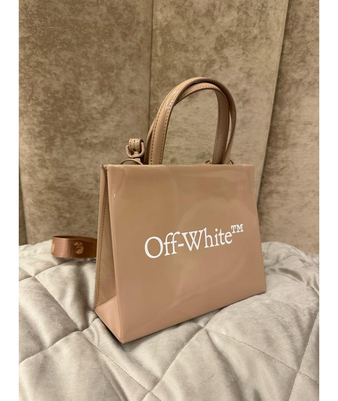 OFF-WHITE Бежевая сумка с короткими ручками из лакированной кожи, фото 2