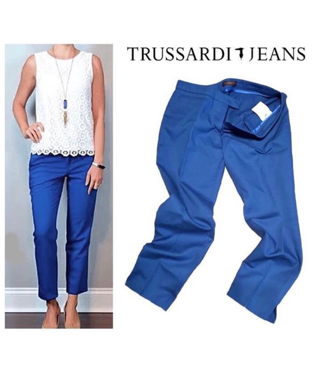 TRUSSARDI Синие полиэстеровые прямые брюки, фото 6