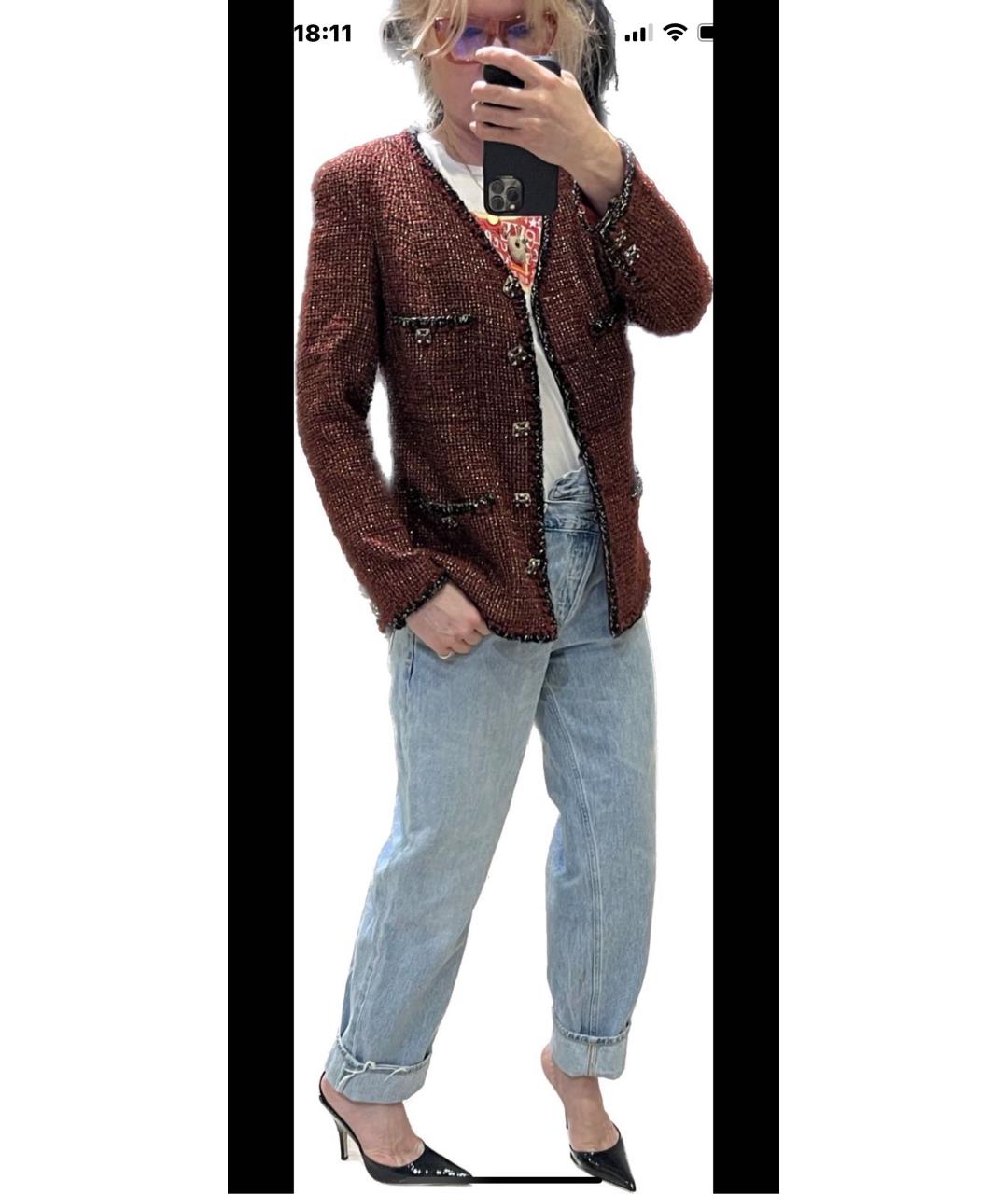 CHANEL Бордовый твидовый жакет/пиджак, фото 5