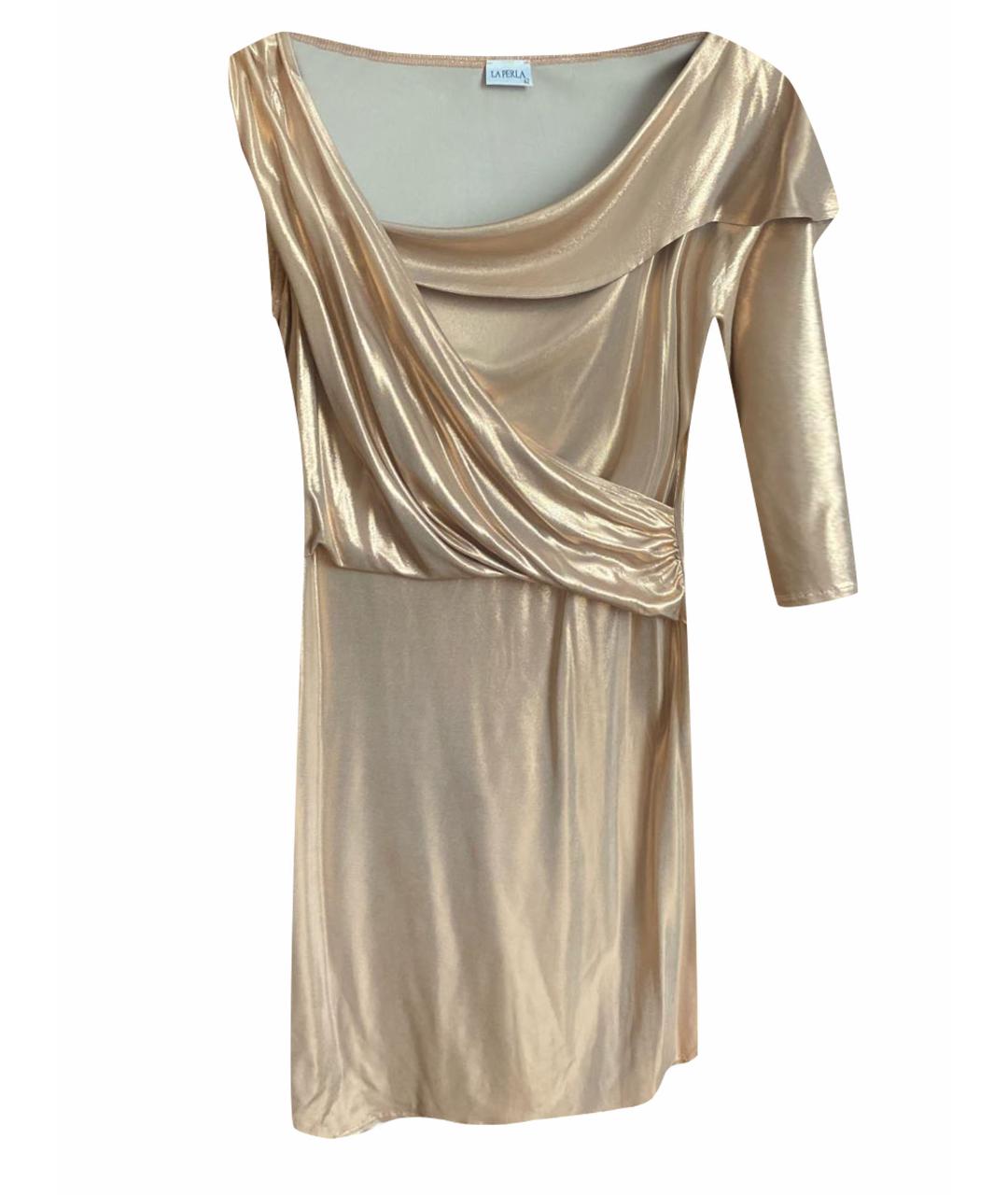 LA PERLA Золотое вискозное коктейльное платье, фото 1