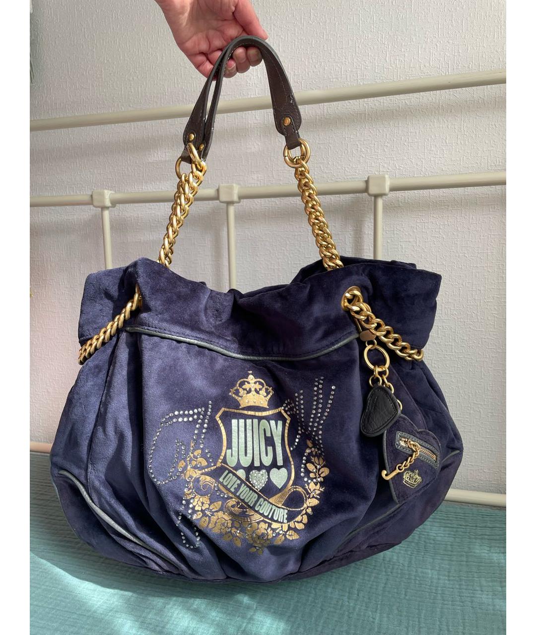 JUICY COUTURE Темно-синяя бархатная сумка тоут, фото 9