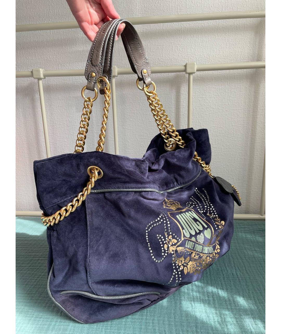 JUICY COUTURE Темно-синяя бархатная сумка тоут, фото 2