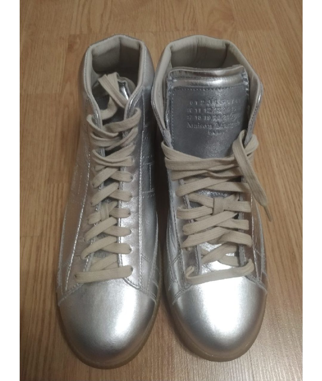 MAISON MARGIELA Серебряные кожаные высокие кроссовки / кеды, фото 2