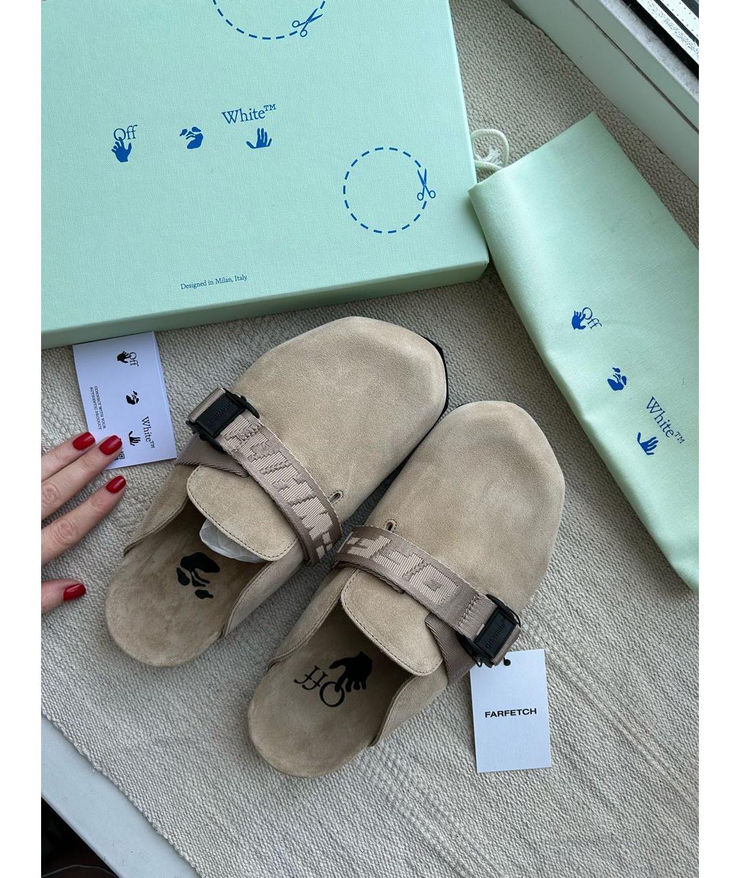 OFF-WHITE Бежевые замшевые мюли, фото 6