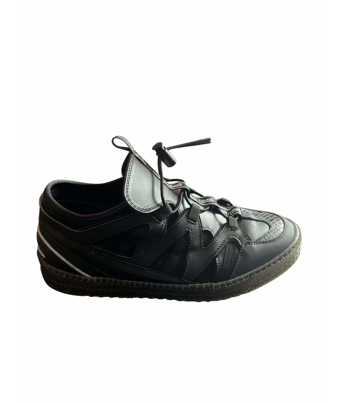 ROBERTO CAVALLI Черные кожаные низкие кроссовки / кеды, фото 1
