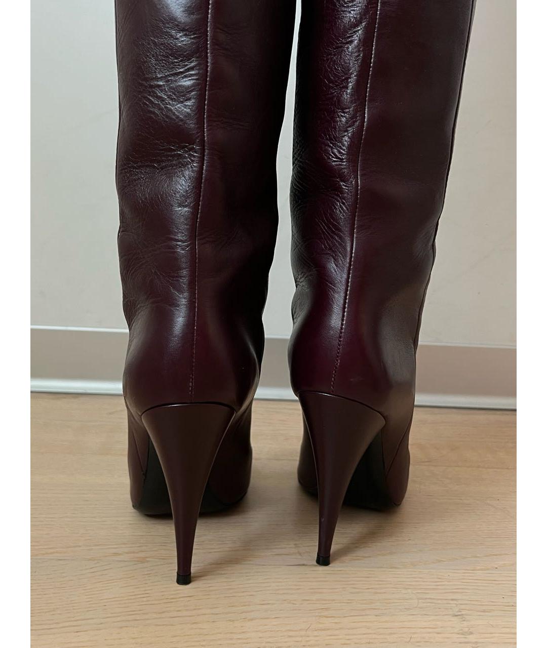 SAINT LAURENT Бордовые кожаные ботфорты, фото 4