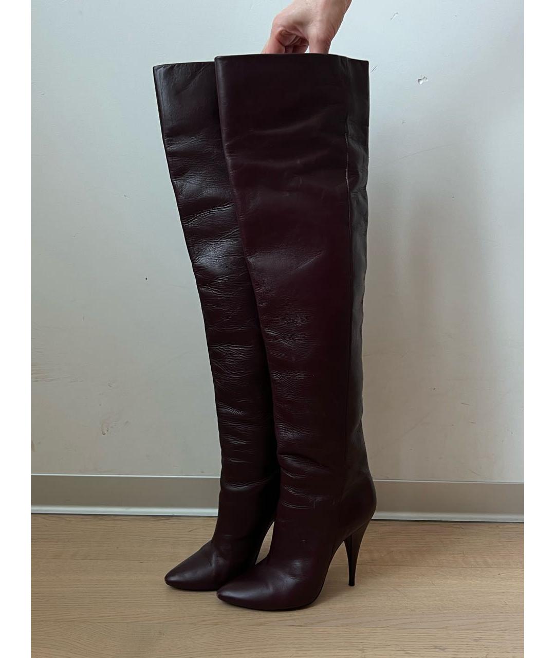 SAINT LAURENT Бордовые кожаные ботфорты, фото 2