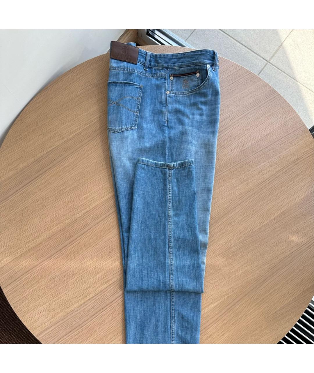 BRUNELLO CUCINELLI Голубые хлопковые прямые джинсы, фото 7