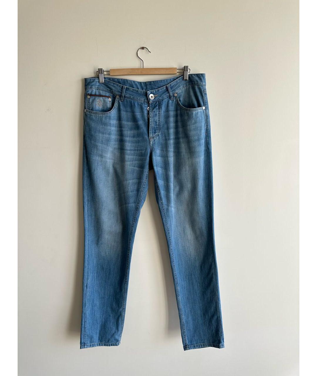 BRUNELLO CUCINELLI Голубые хлопковые прямые джинсы, фото 9