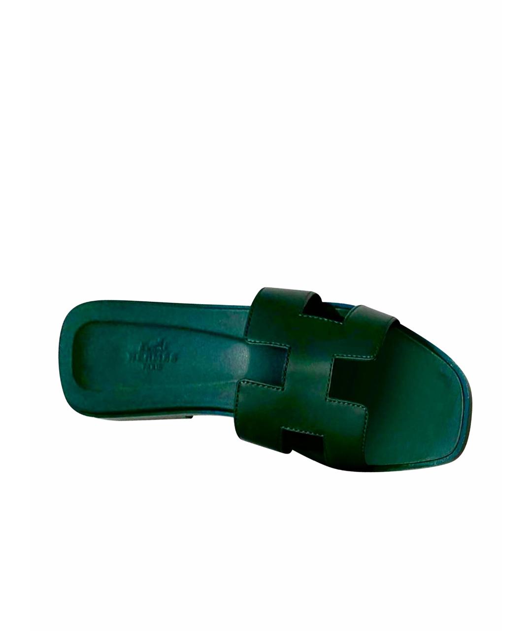 HERMES PRE-OWNED Зеленые кожаные шлепанцы, фото 2