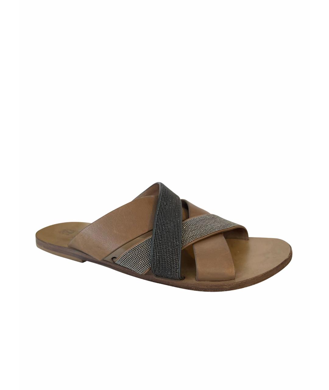 BRUNELLO CUCINELLI Коричневые кожаные шлепанцы, фото 1