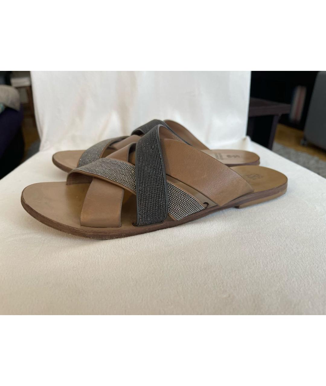 BRUNELLO CUCINELLI Коричневые кожаные шлепанцы, фото 5