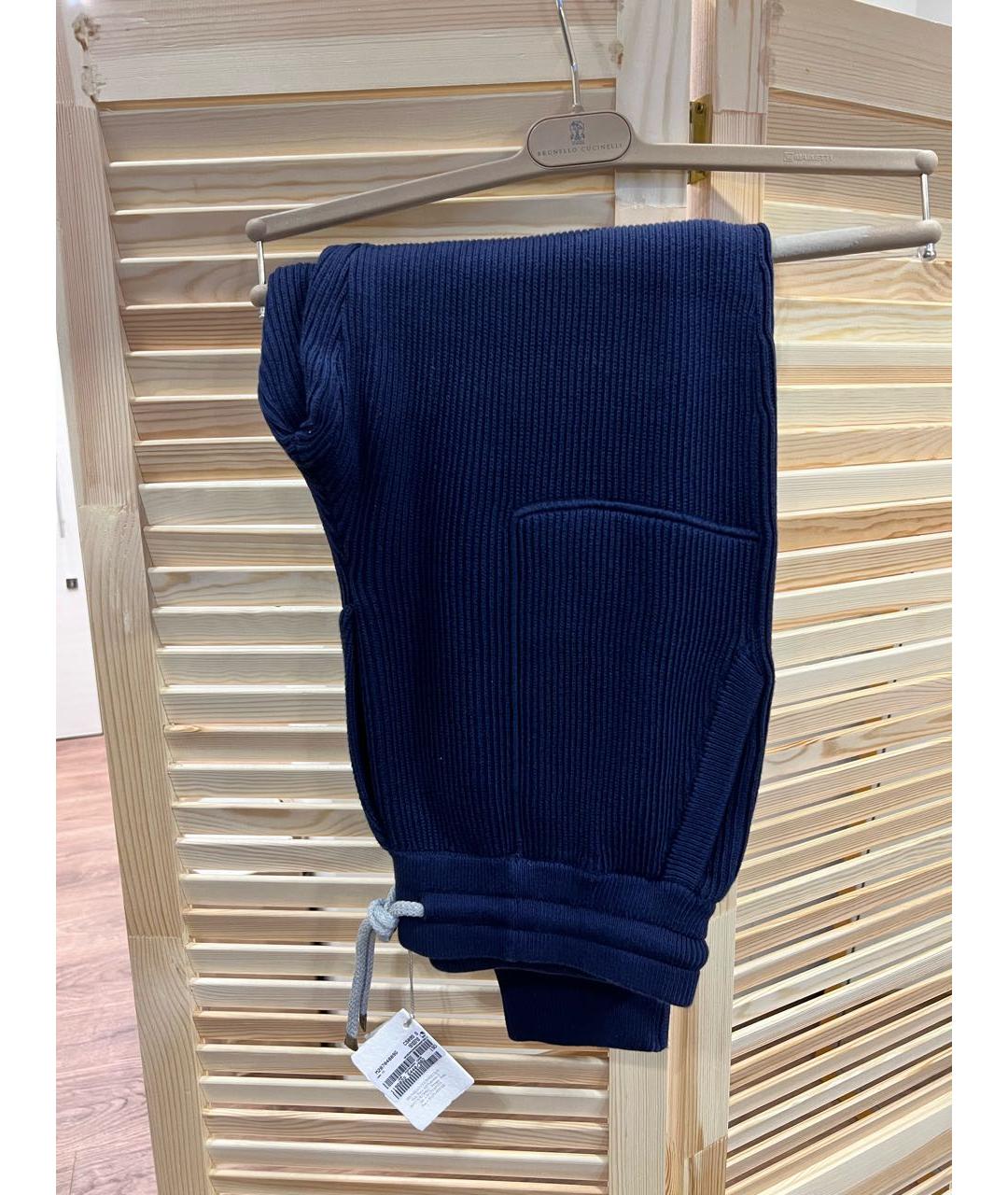 BRUNELLO CUCINELLI Темно-синие хлопко-эластановые повседневные брюки, фото 4