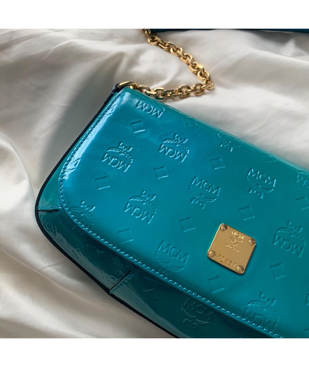 MCM VINTAGE Бирюзовая сумка с короткими ручками из лакированной кожи, фото 6