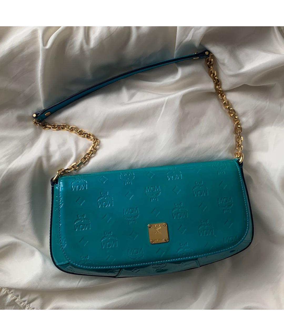 MCM VINTAGE Бирюзовая сумка с короткими ручками из лакированной кожи, фото 9