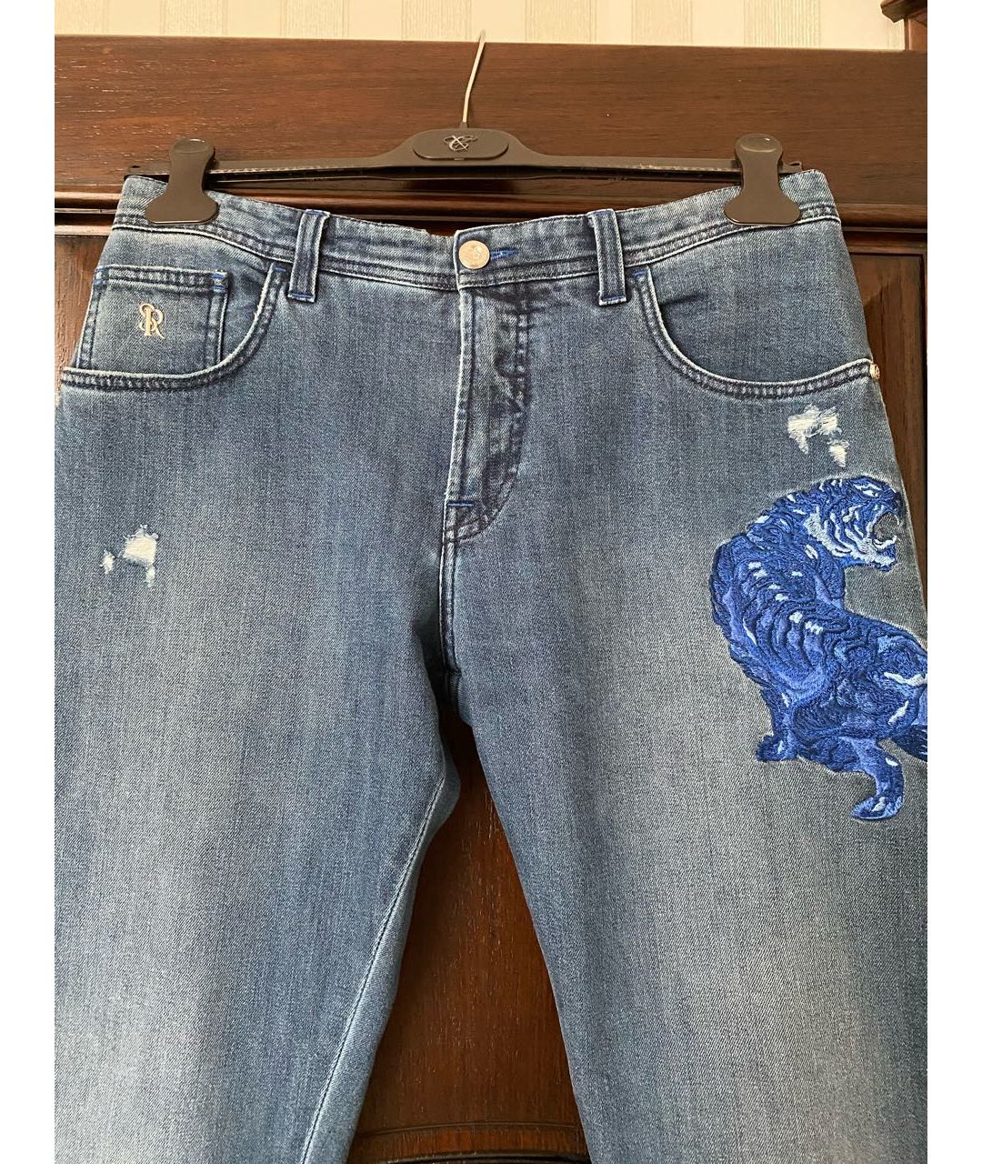 STEFANO RICCI Синие хлопко-эластановые прямые джинсы, фото 4