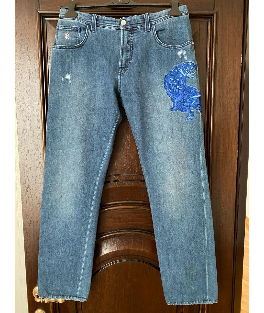 STEFANO RICCI Синие хлопко-эластановые прямые джинсы, фото 5