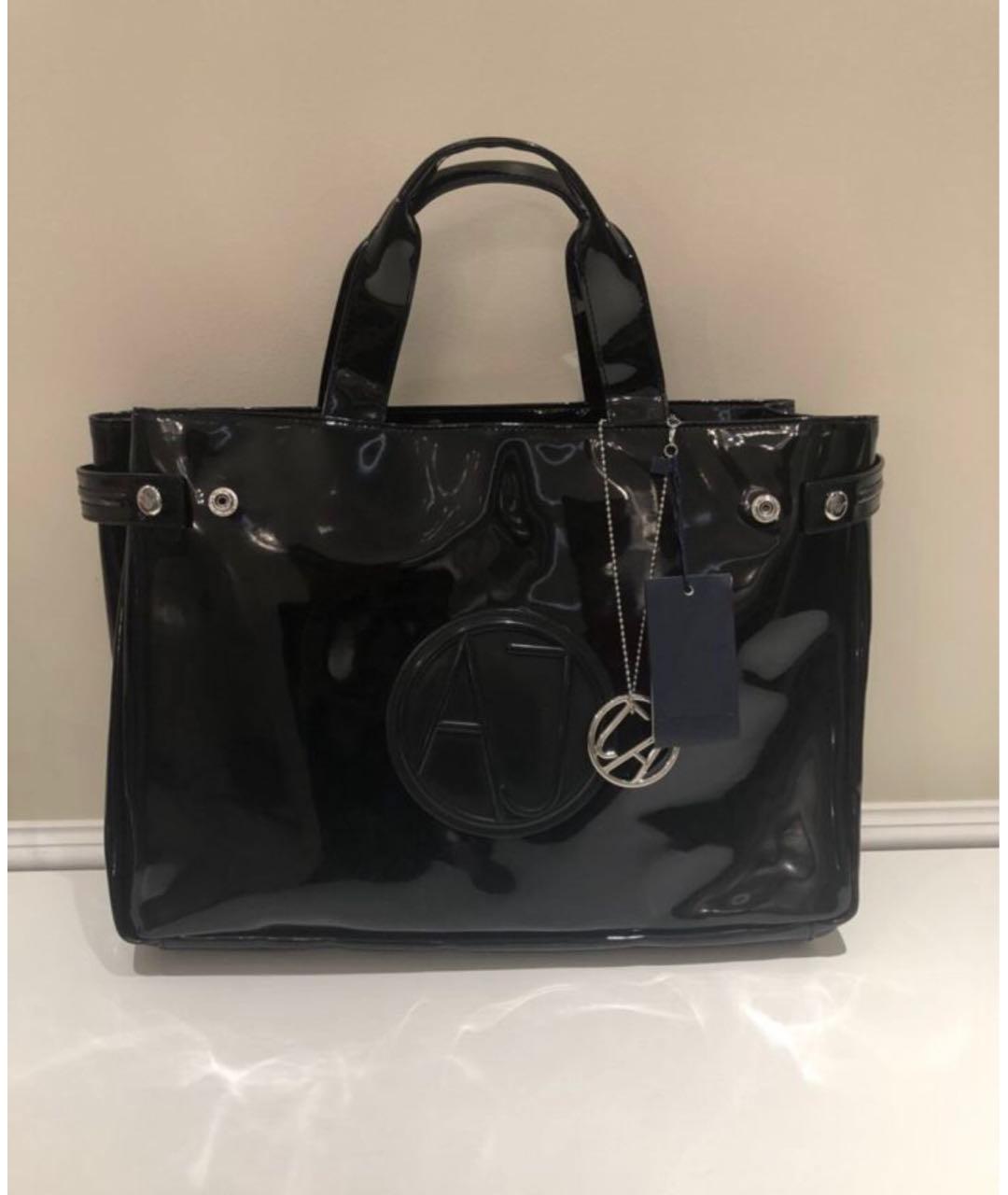 ARMANI JEANS Черная сумка тоут из лакированной кожи, фото 3