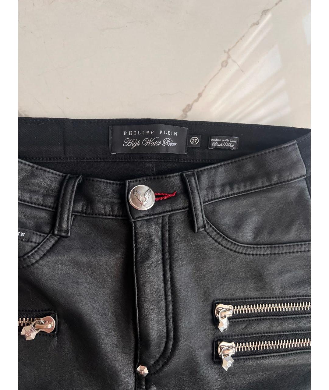 PHILIPP PLEIN Черные кожаные брюки узкие, фото 3
