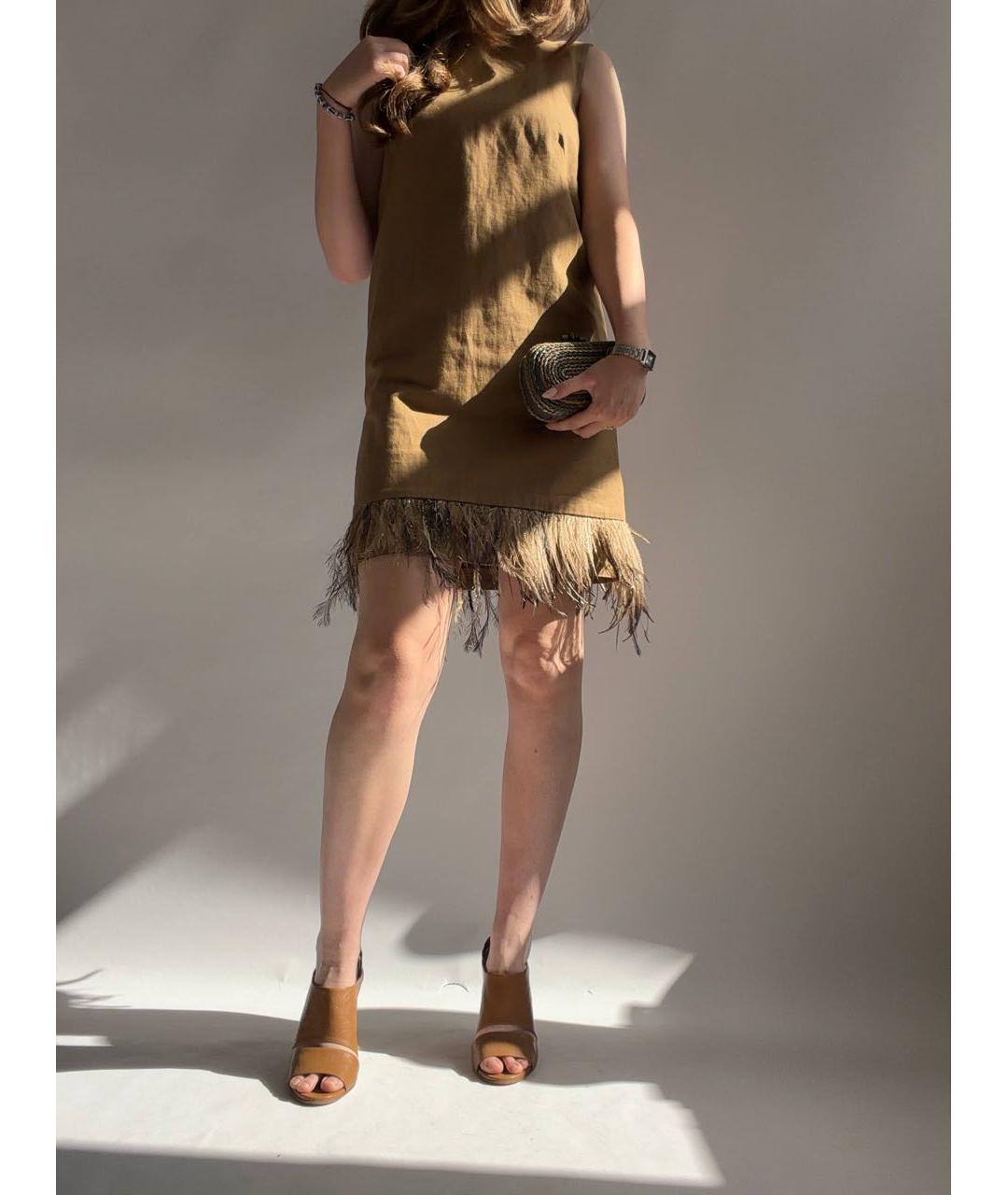 BRUNELLO CUCINELLI Горчичное льняное коктейльное платье, фото 7