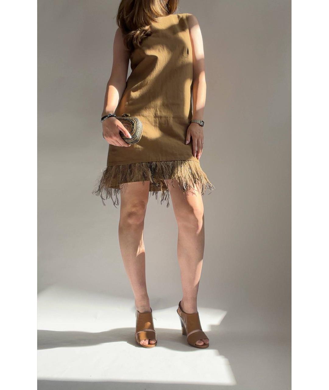 BRUNELLO CUCINELLI Горчичное льняное коктейльное платье, фото 6