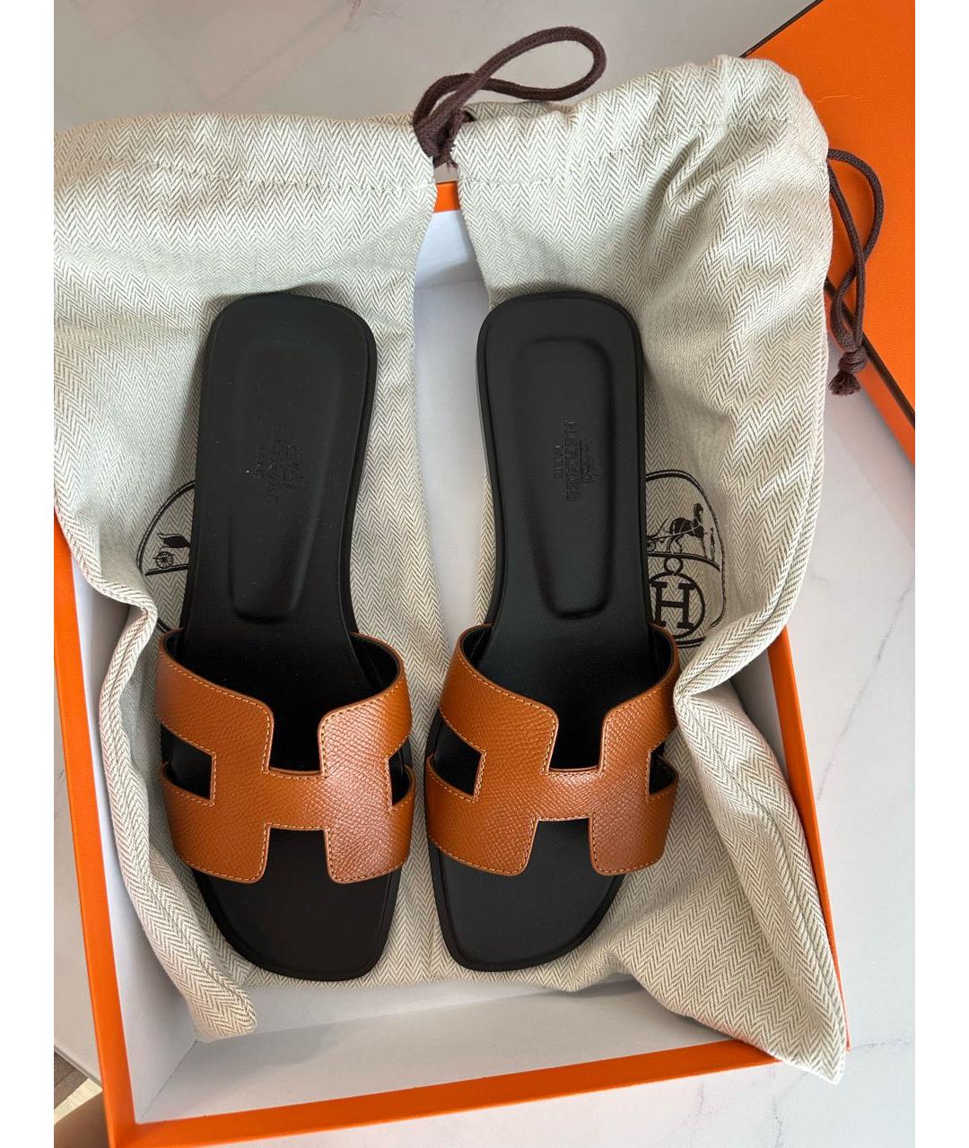 HERMES Коричневые кожаные шлепанцы, фото 5