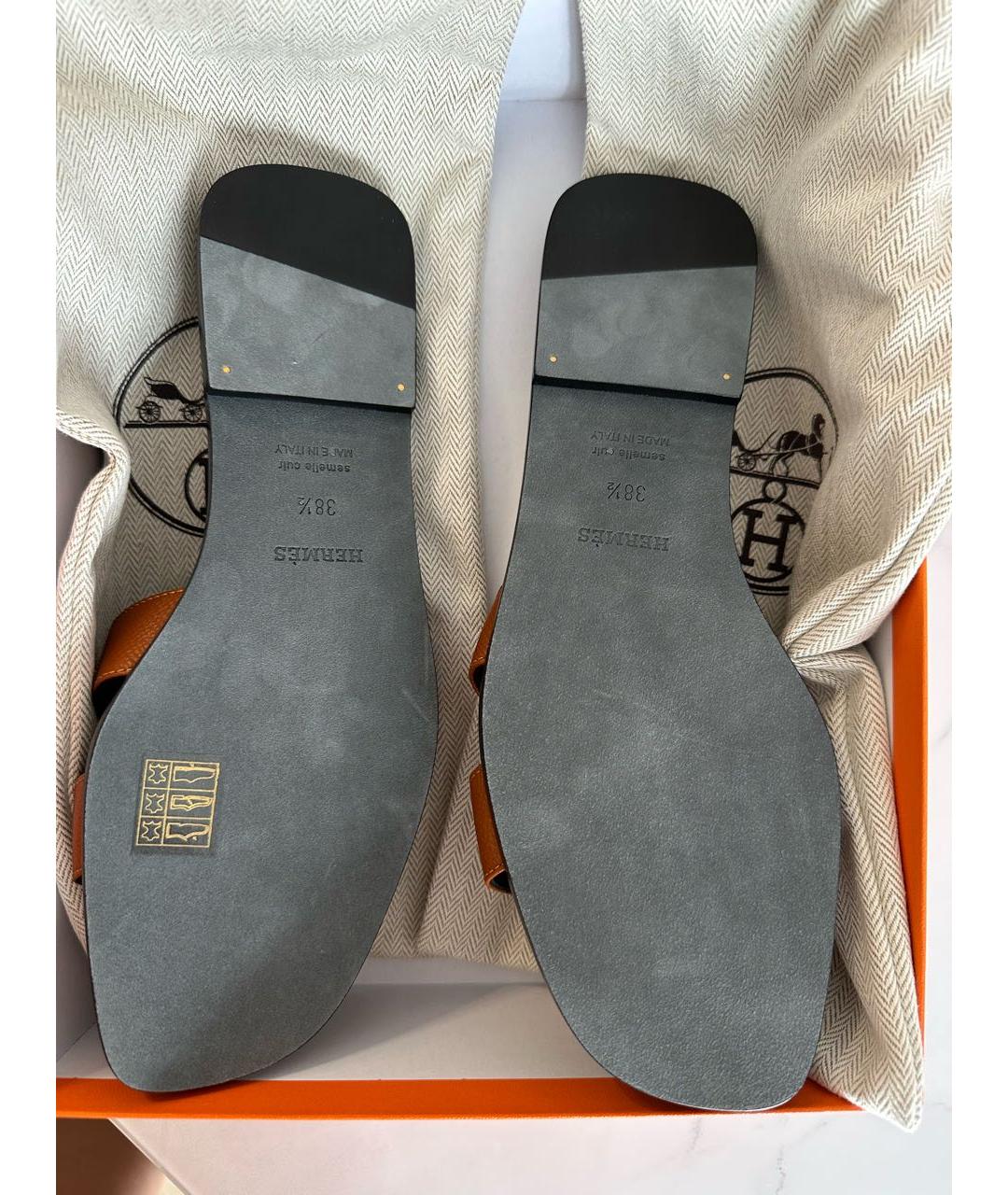 HERMES Коричневые кожаные шлепанцы, фото 4