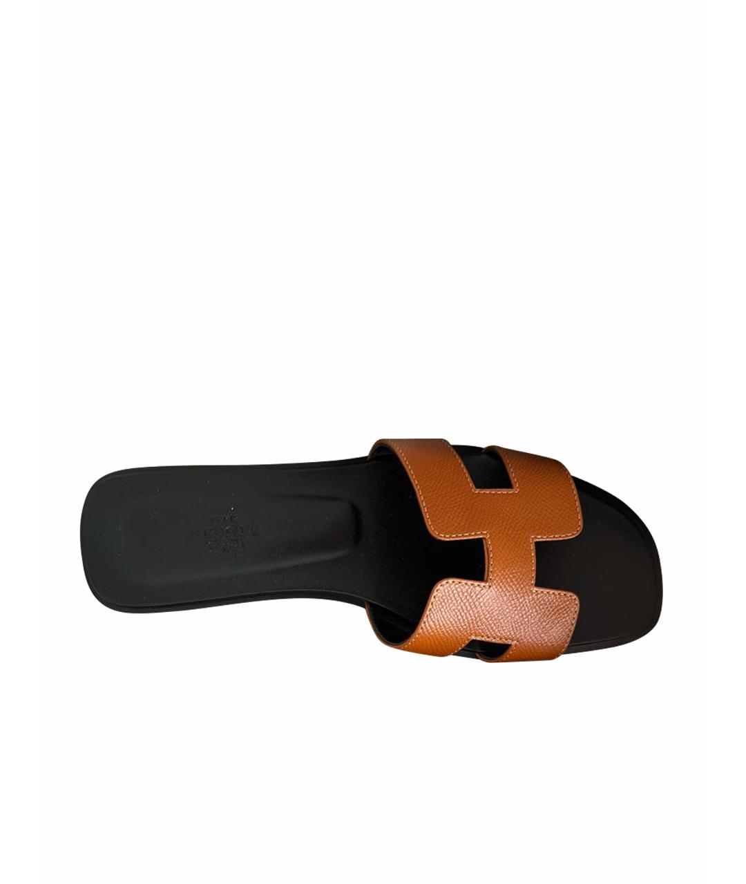 HERMES Коричневые кожаные шлепанцы, фото 2
