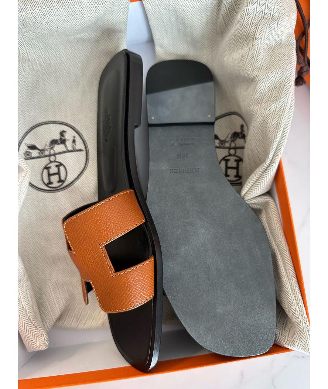 HERMES Коричневые кожаные шлепанцы, фото 3