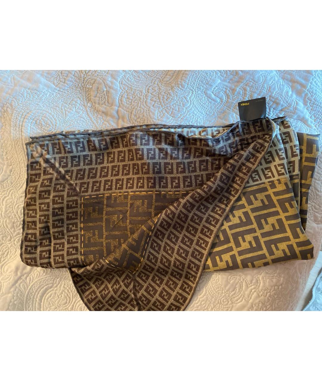 FENDI Коричневый шелковый платок, фото 3