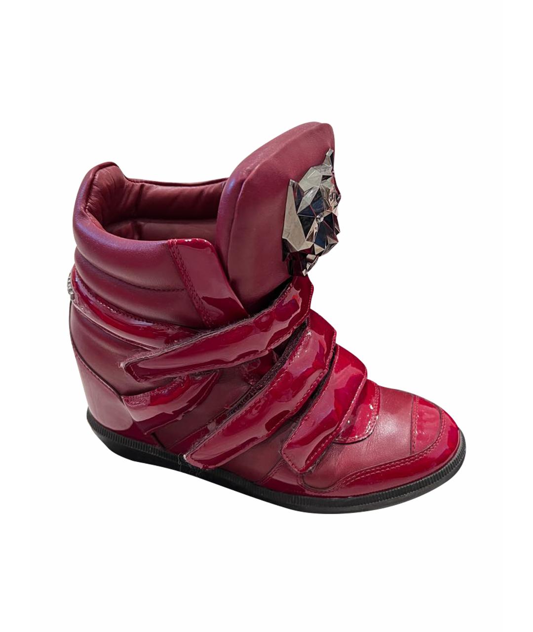 PHILIPP PLEIN Бордовые кожаные кроссовки, фото 1