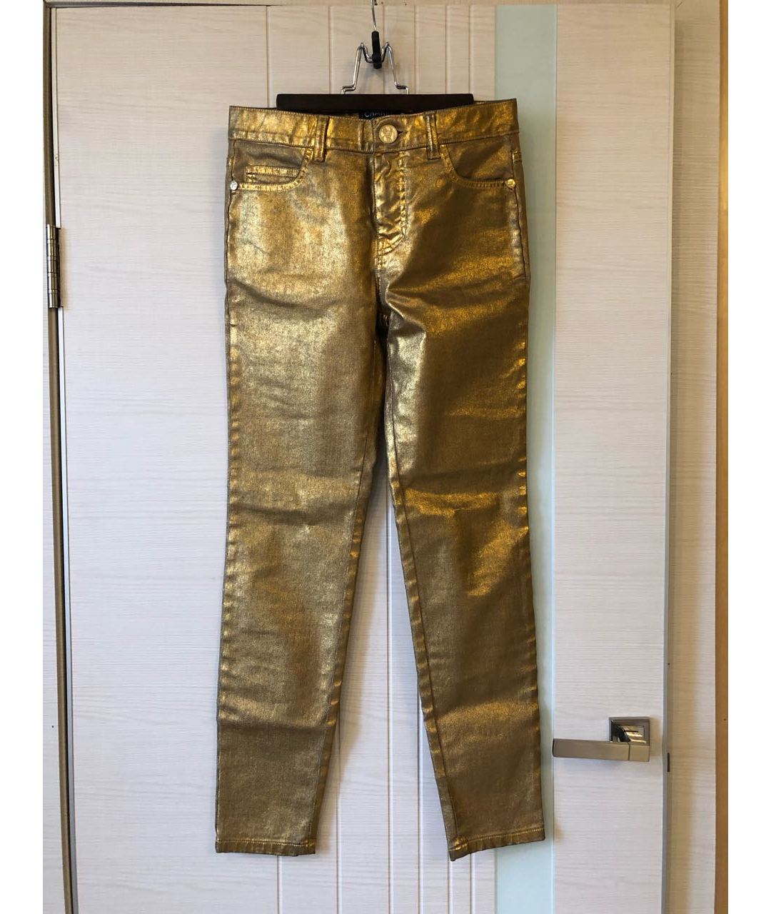 CHANEL PRE-OWNED Золотые хлопко-эластановые джинсы слим, фото 9