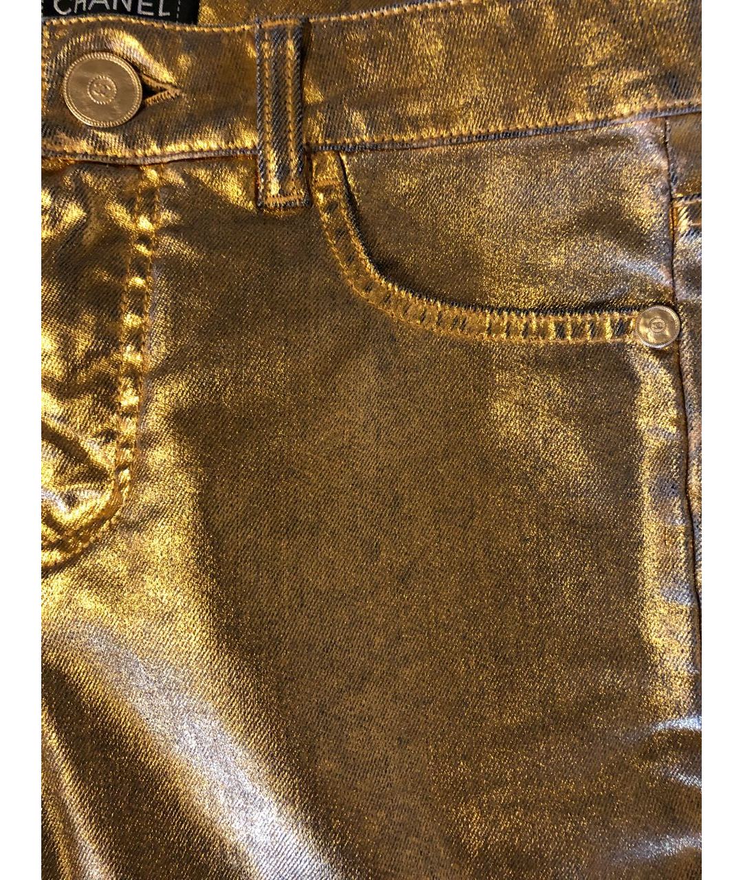 CHANEL PRE-OWNED Золотые хлопко-эластановые джинсы слим, фото 4