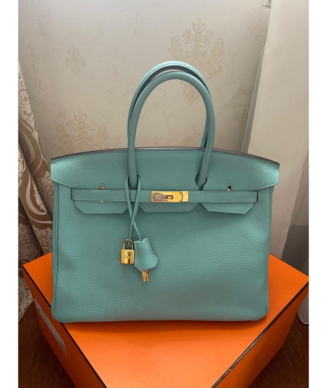 HERMES Бирюзовая кожаная сумка с короткими ручками, фото 2