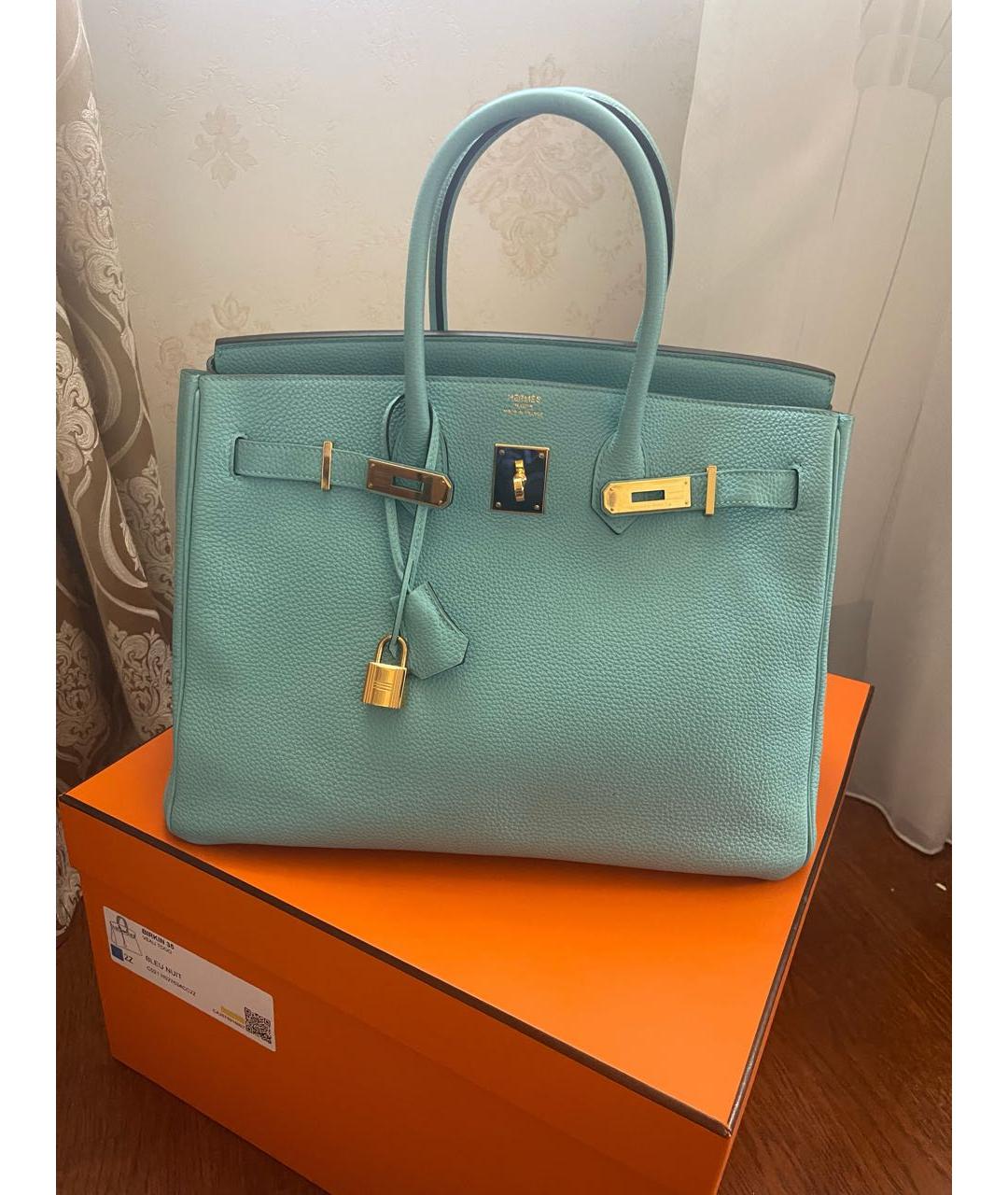 HERMES Бирюзовая кожаная сумка с короткими ручками, фото 1