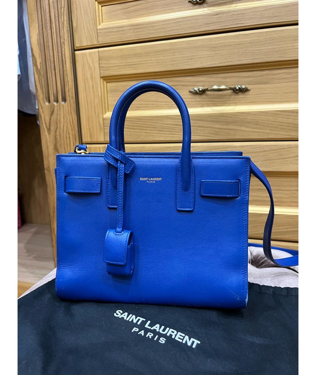 SAINT LAURENT Синяя кожаная сумка с короткими ручками, фото 8