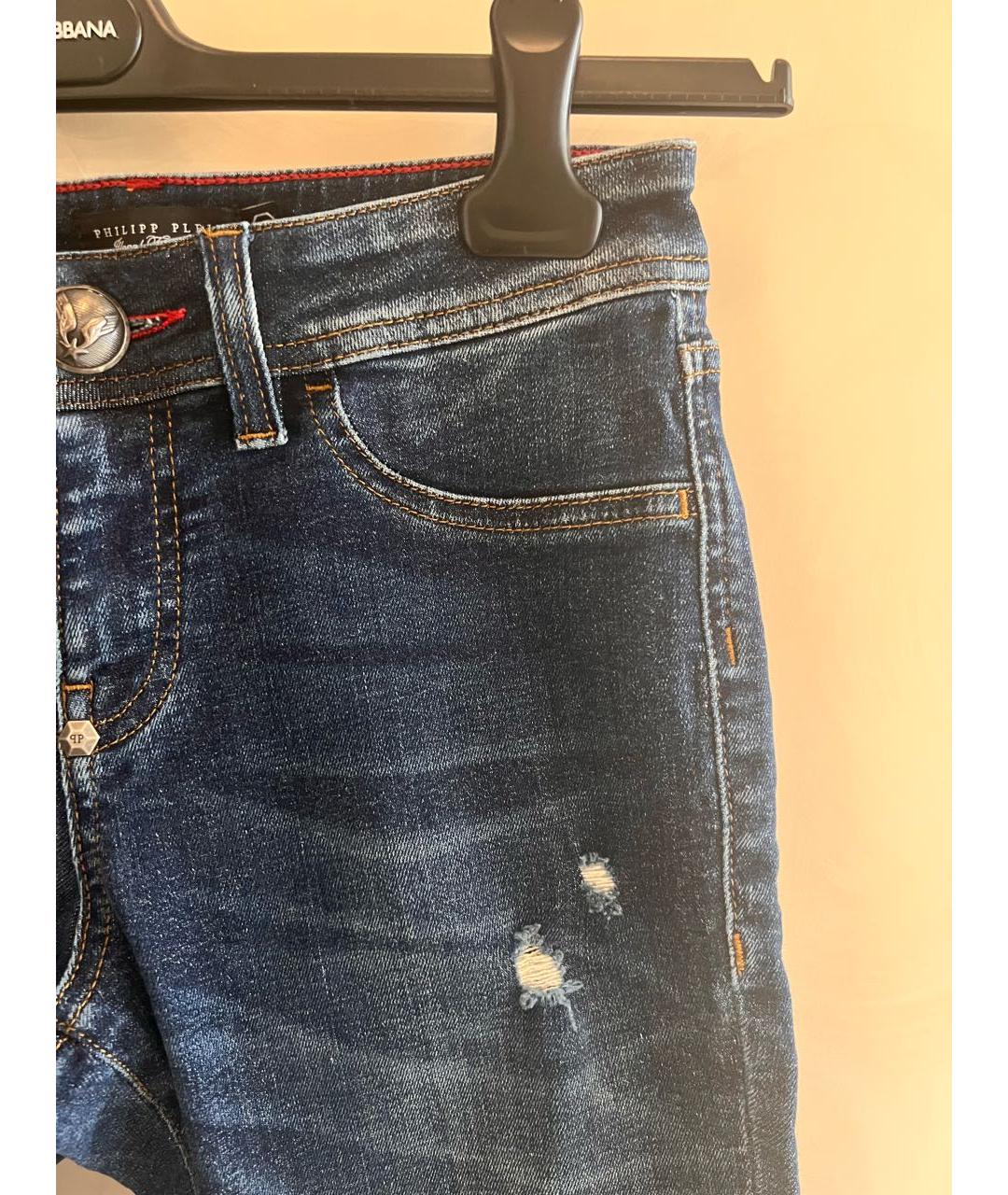 PHILIPP PLEIN Синие хлопко-полиэстеровые джинсы слим, фото 4