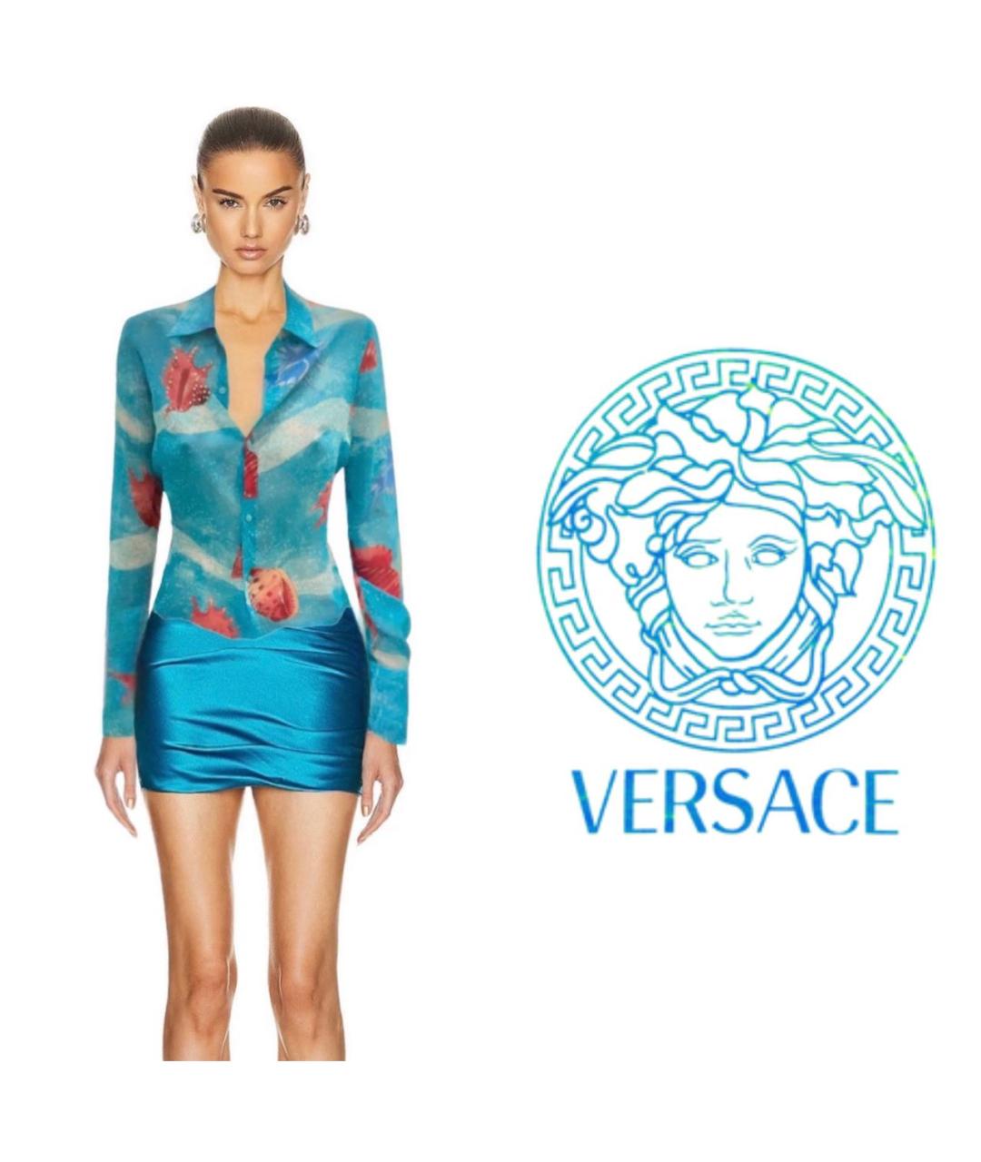 VERSACE Голубая шифоновая блузы, фото 5