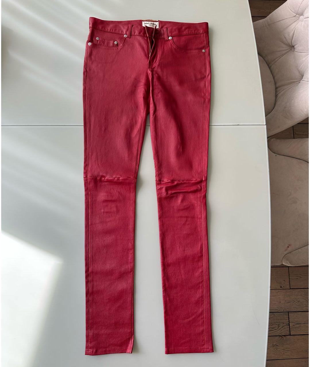 SAINT LAURENT Бордовые кожаные прямые брюки, фото 5