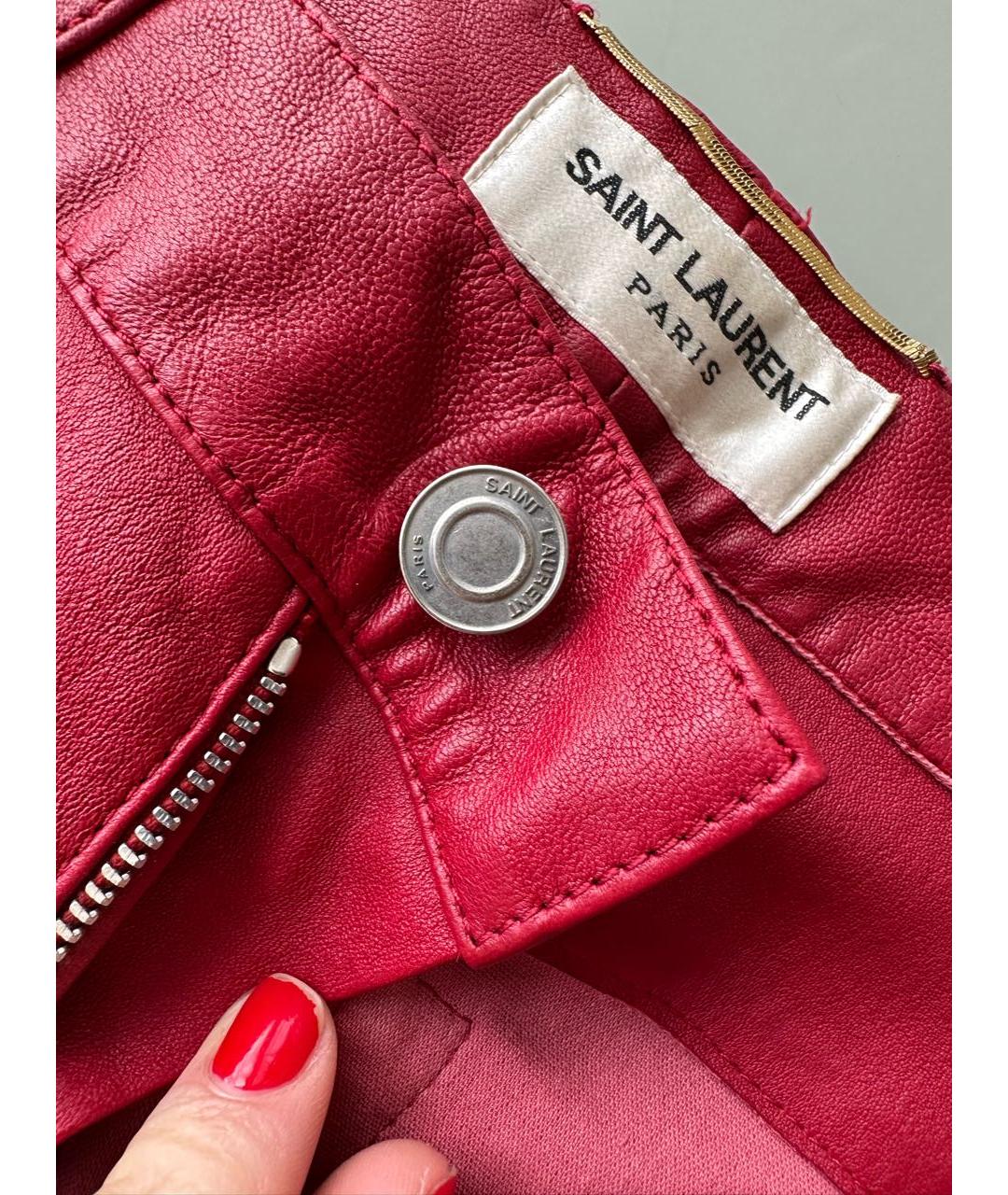 SAINT LAURENT Бордовые кожаные прямые брюки, фото 3