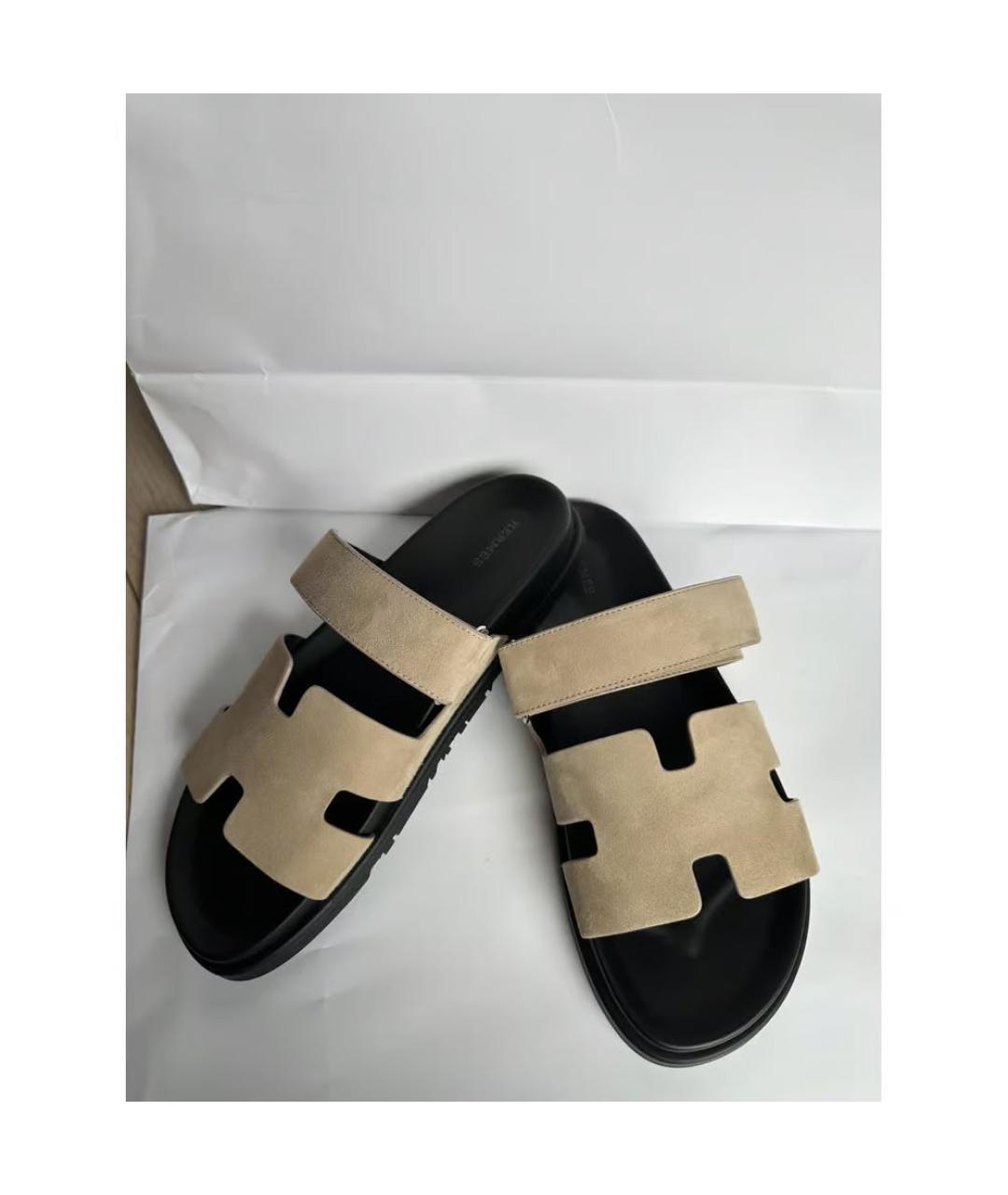 HERMES Бежевые замшевые сандалии, фото 4