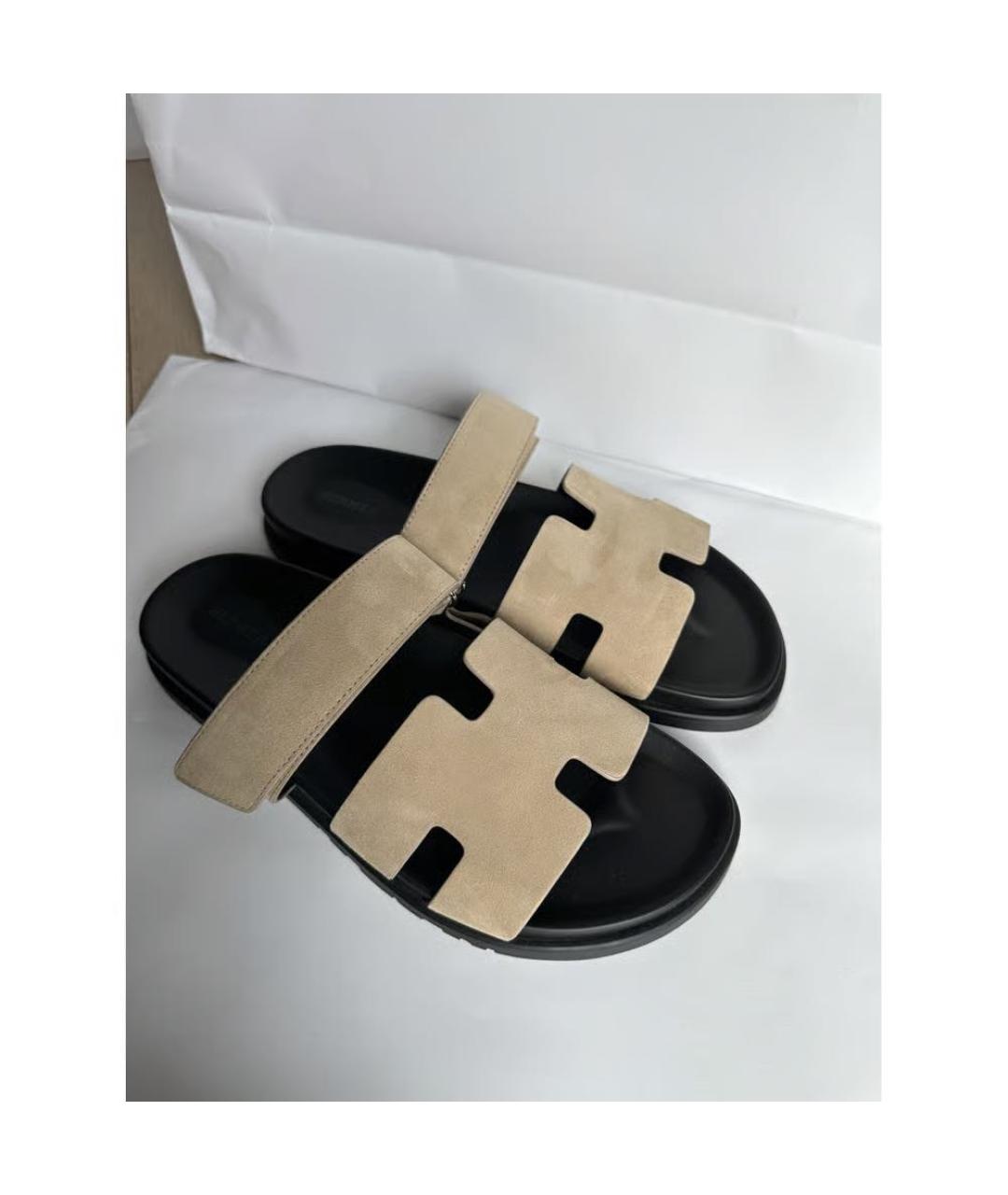 HERMES Бежевые замшевые сандалии, фото 2