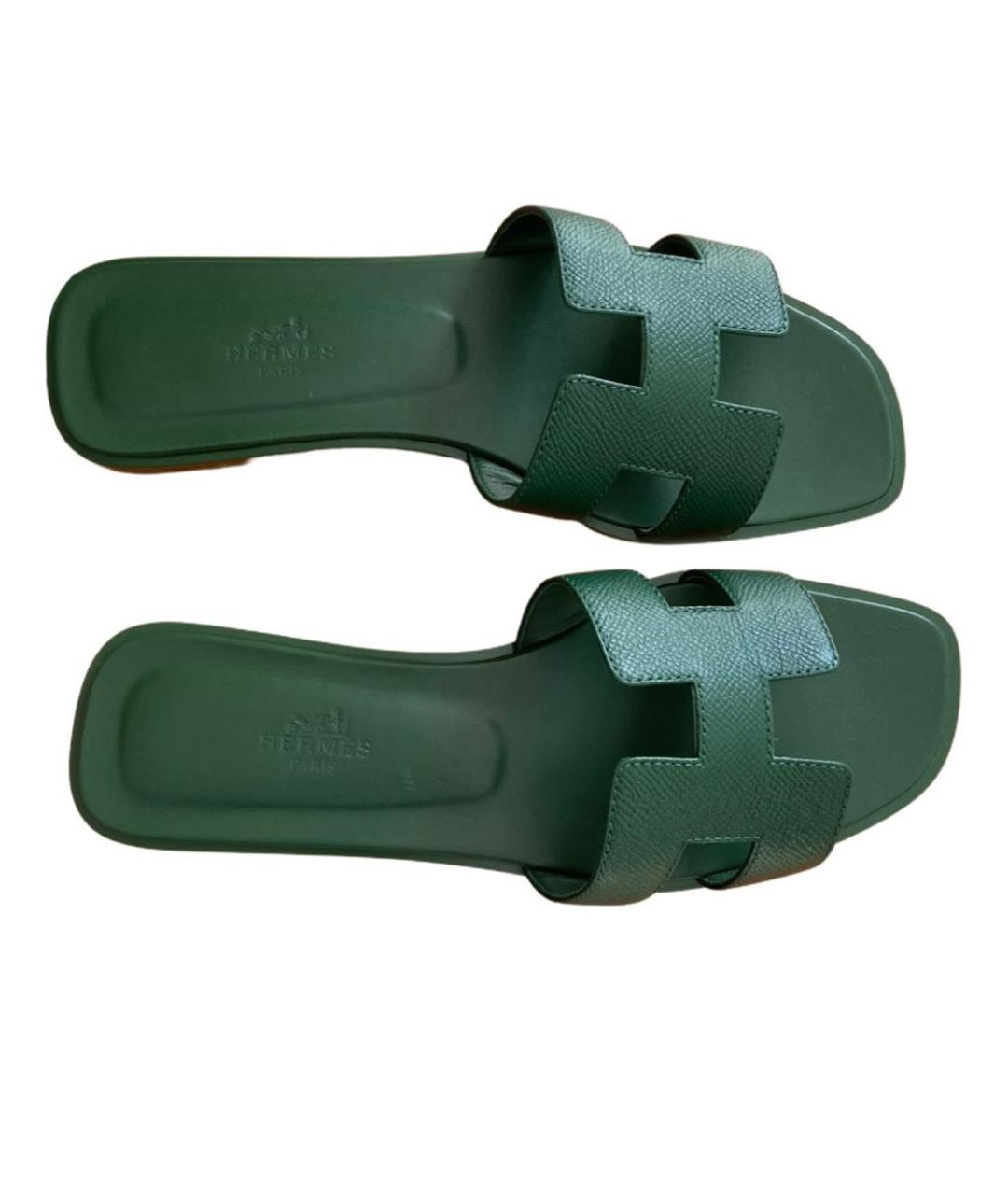 HERMES Зеленые кожаные сандалии, фото 4