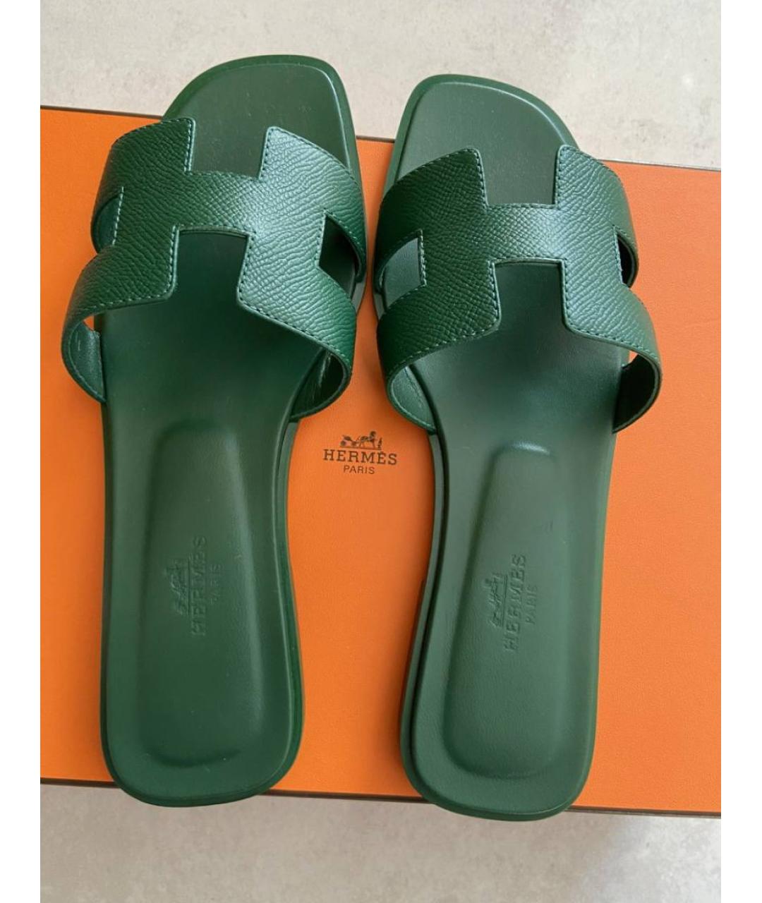 HERMES PRE-OWNED Зеленые кожаные сандалии, фото 4